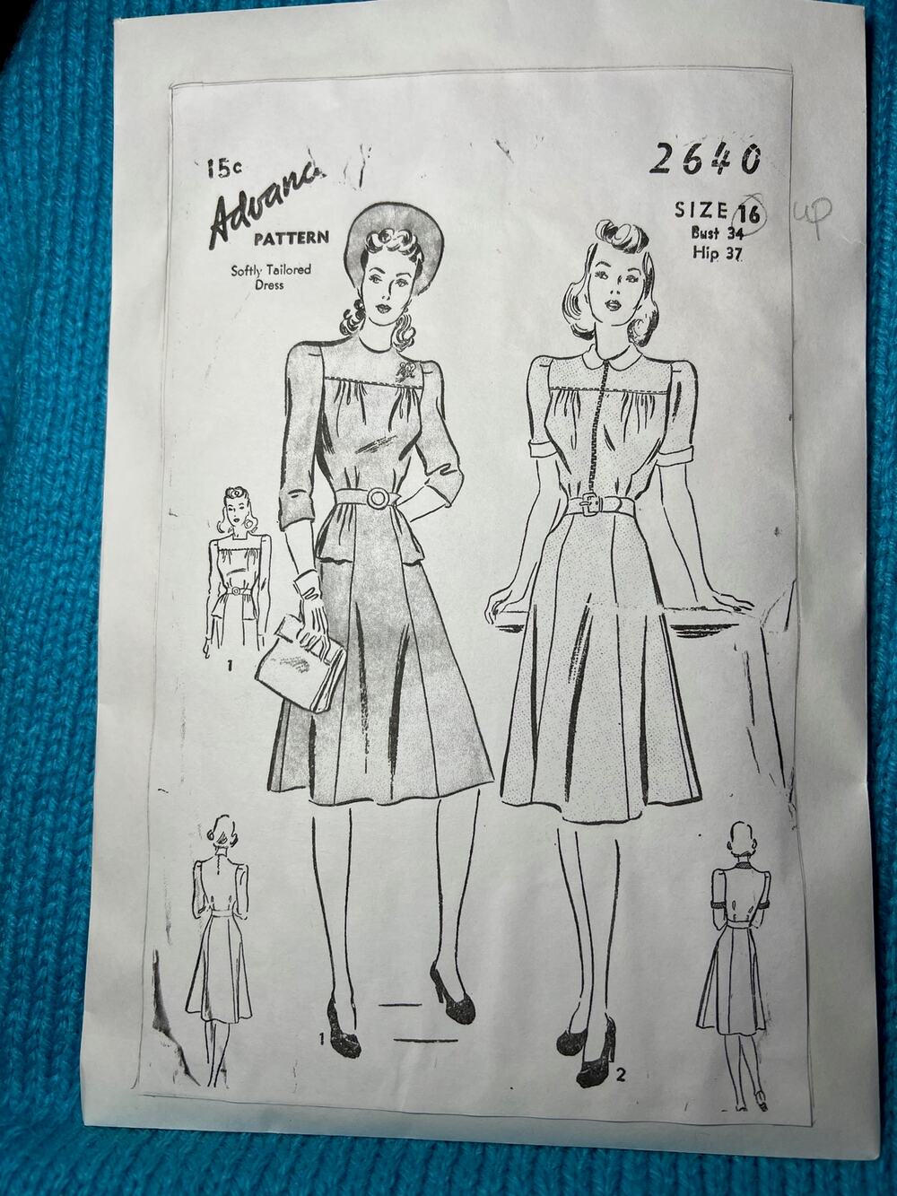 Advance pattern 2640 Dress 1940s fit and flare peplum size 16